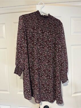 Reitmans Dark Plum Floral Long-Sleeve Smocked Neck Dress